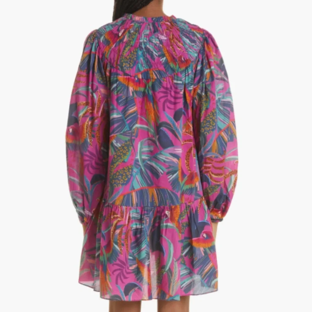 NWT $195 FARM Rio Rainbow Macaws Long Sleeve Minidress, RAINBOW MACAWS, Small!